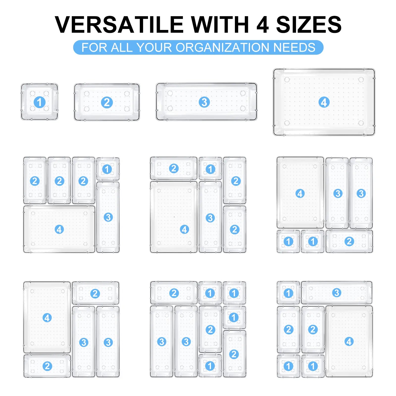 25PCS Clear Plastic Drawer Organizer Set: 4 Sizes Desk Drawer Dividers & Storage Bins for Makeup Jewelry Gadgets Kitchen Bedroom Bathroom Office Organization Home Bathroom Decor Makeup Organizer with Divided Compartments Adjustable Transparent Boxes